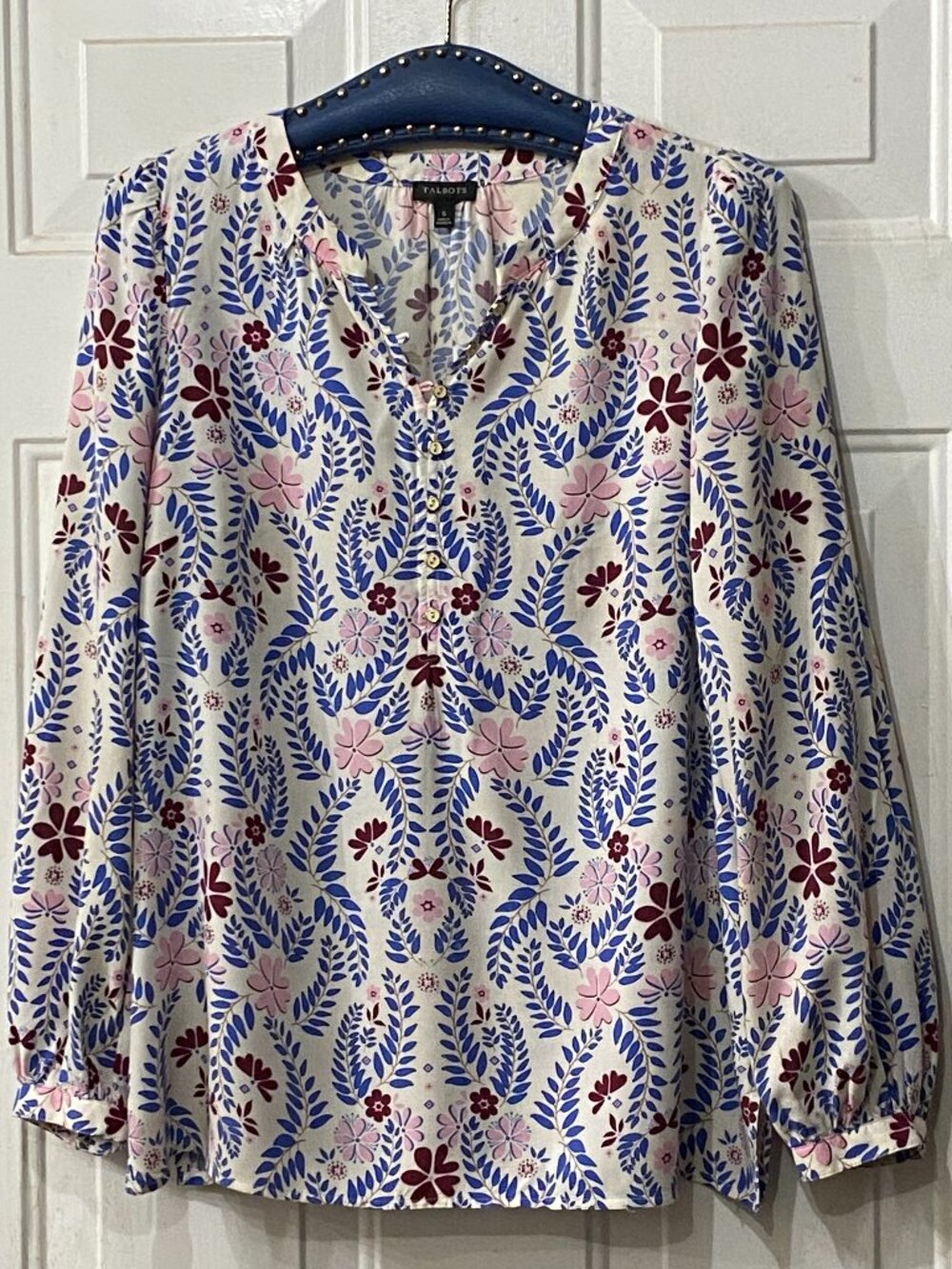 Talbots Sz S Blouse Popover Long Sleeve White/Multi Floral Rayon